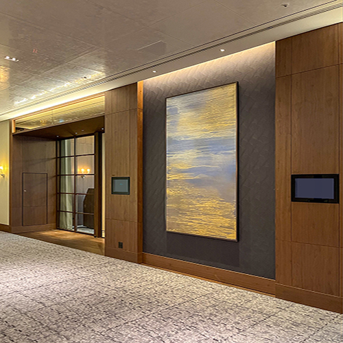 Shibaura Seascape in Gold and Blue, oil and pale rich gold painting on sandpaper mounted on wood