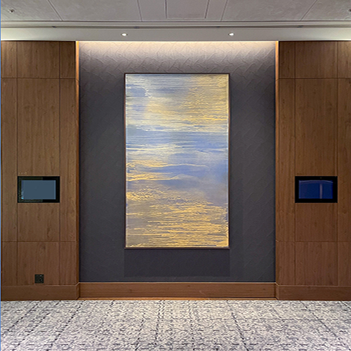 Shibaura Seascape in Gold and Blue, oil and pale rich gold painting on sandpaper mounted on wood